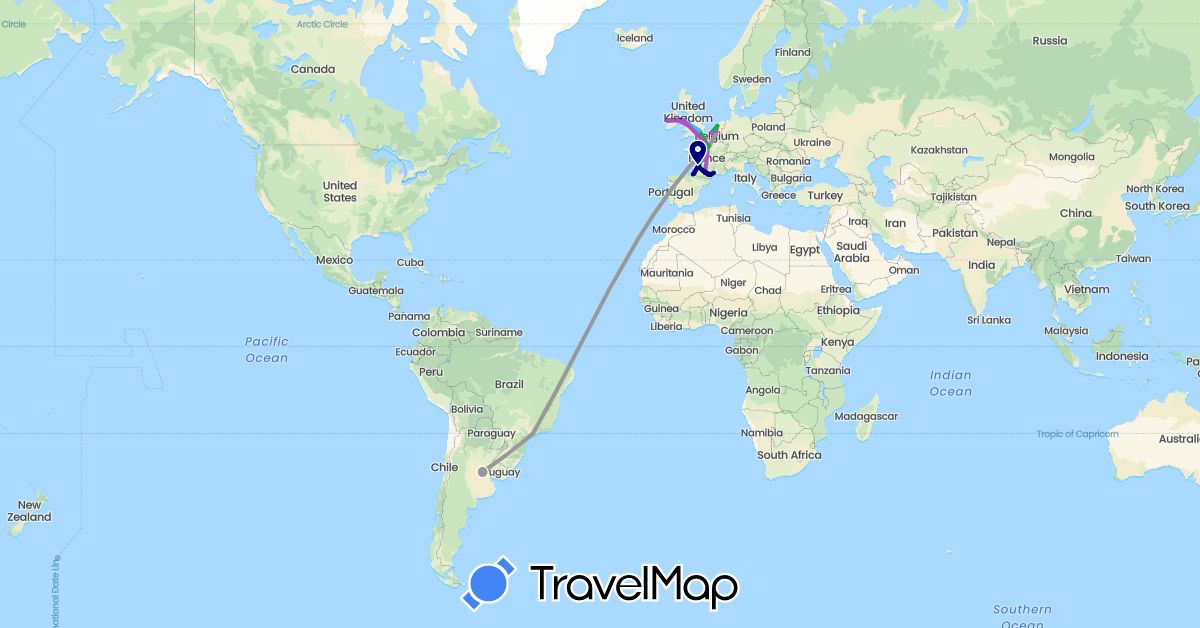 TravelMap itinerary: driving, bus, plane, train, boat in Belgium, Spain, France, United Kingdom, Ireland (Europe)